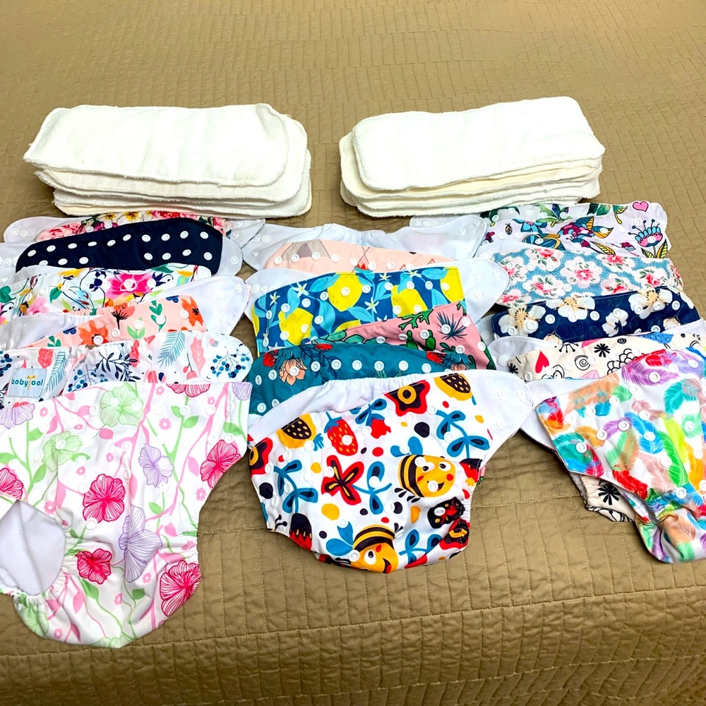 Baby Goal reusable diaper covers and liners.  18 diapers 17 liners ?